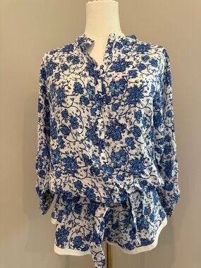 Poupette St. Barth White and Blue Printed Tie-Waist Romper